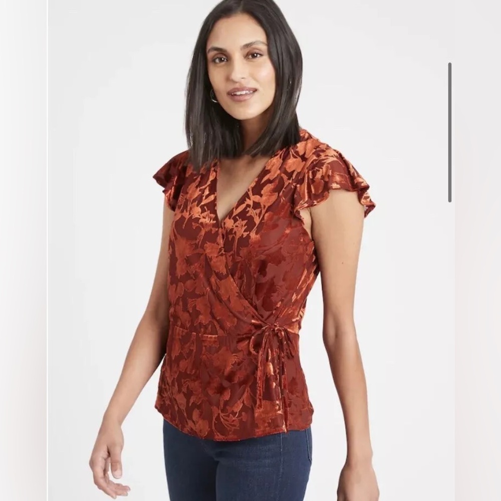 Banana Republic Orange Muir Wood Velvet Wrap MED Flutter Sleeve Top Blouse